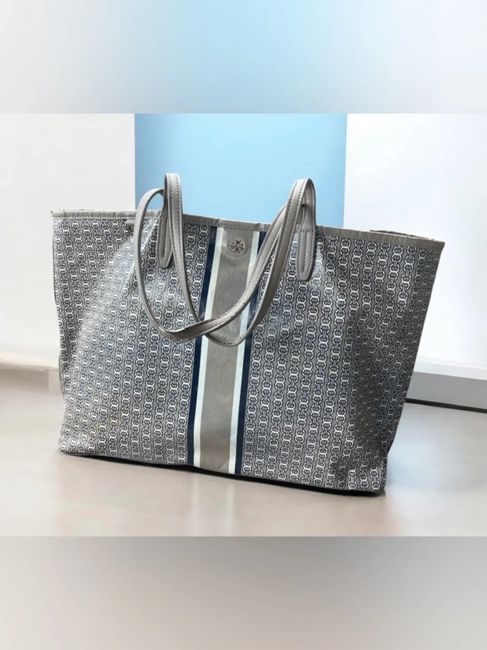 Tory Burch Taupe and Navy Monogram Stripe Tote - Picture 6 of 7